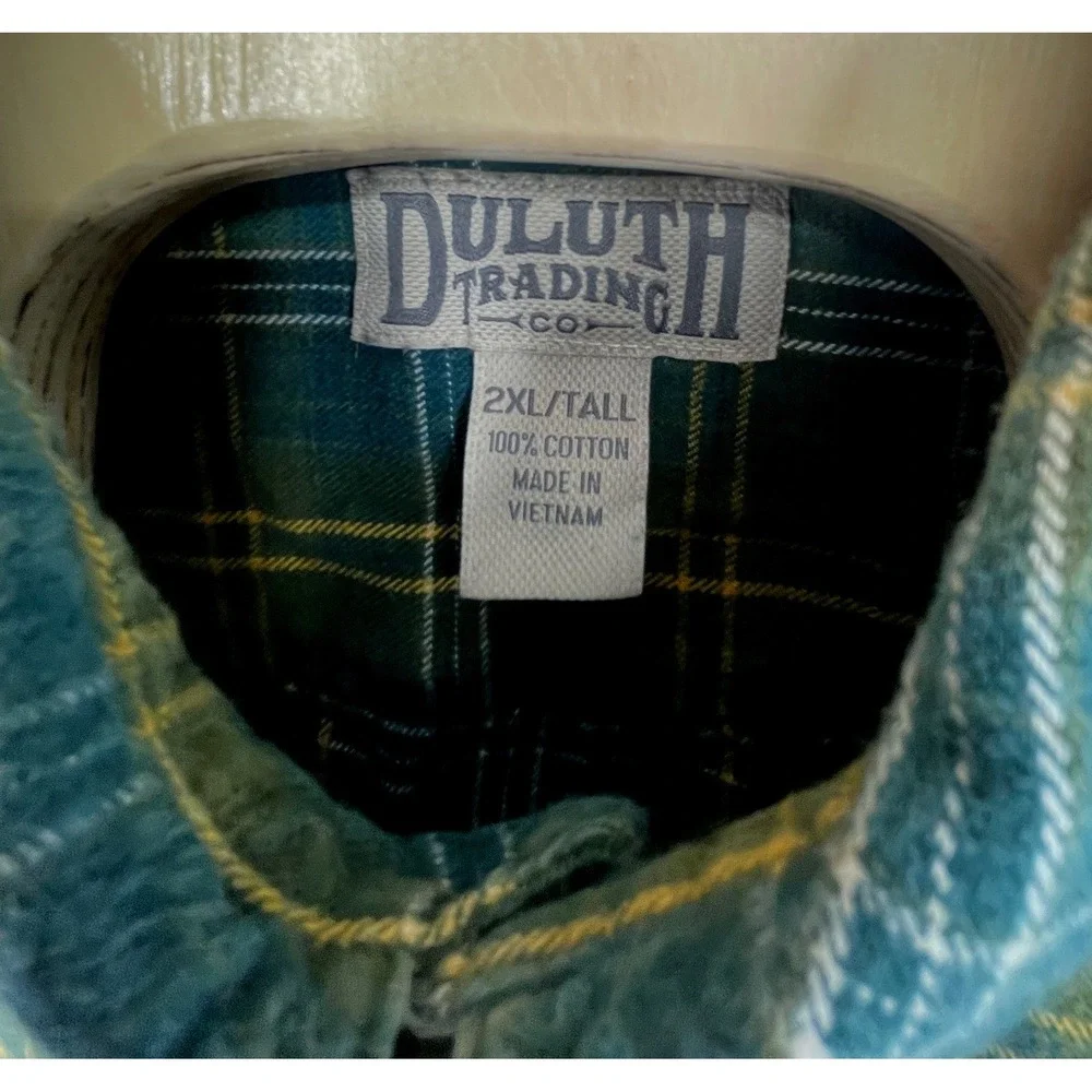 Duluth Trading Co Mens Shirt 2XL/Tall Flannel Green Plaid Button Down Outdoors